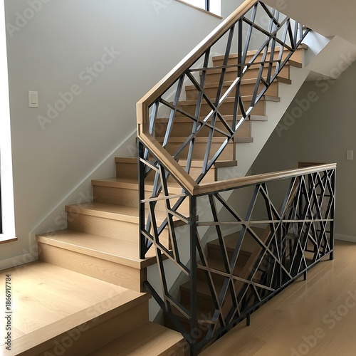Contemporary staircase showcasing geometric metal railings and wooden steps