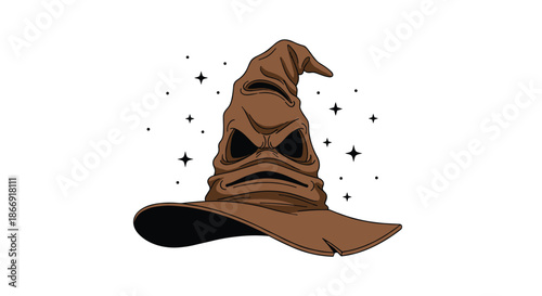 Illustration of a magical brown sorting hat with a face and surrounding stars as a symbol of fantasy and wizardry stories.