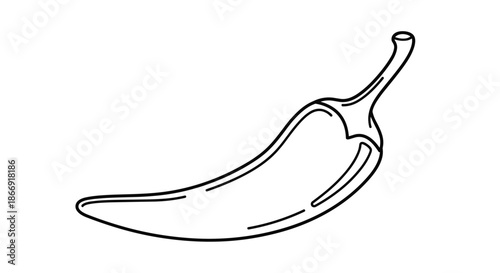 Simple black line drawing of a curved chili pepper on a white background representing spicy food and cooking ingredients.