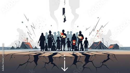 People Displaced by Disaster Waiting for Humanitarian Help Vector