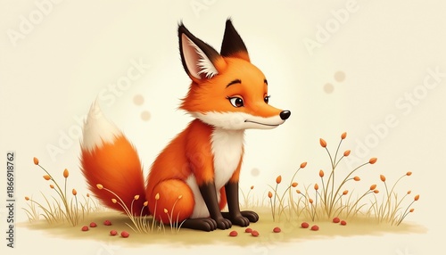 Cute orange fox character sitting in a grassy field with a thoughtful expression on a light background
