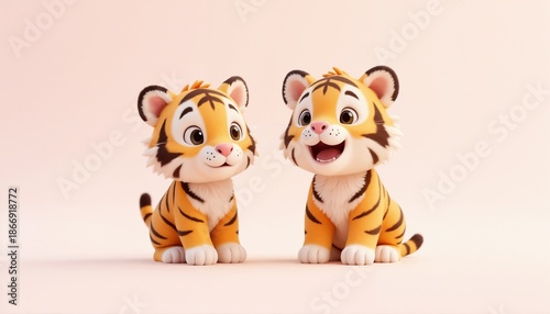 Two adorable cartoon tiger cubs sitting together with joyful expressions on a soft pastel background
