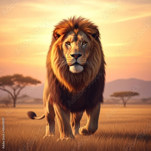 Majestic lion strides confidently toward the viewer, bathed in the warm glow of sunset