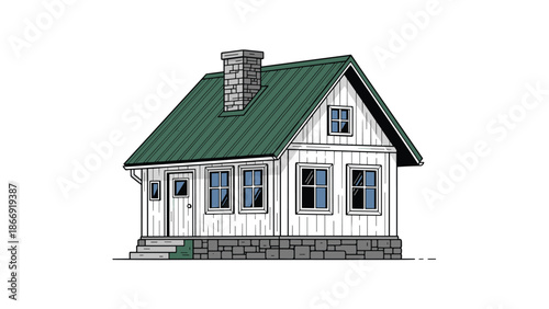 A charming, hand-drawn illustration of a small rustic cottage with a green roof, stone foundation, and a prominent chimney.