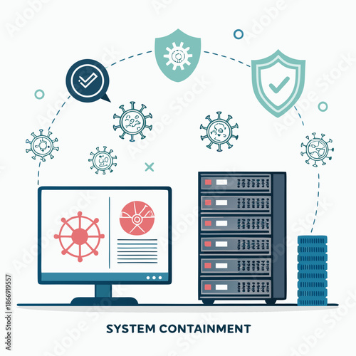 Computer system containment illustration showing security measures against malware on a digital device