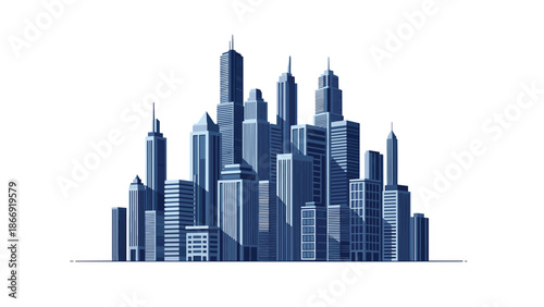 Monochromatic blue illustration of a modern city skyline with numerous skyscrapers and tall buildings, isolated on a white background.