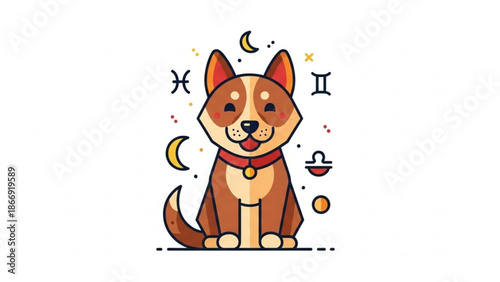 A cartoon dog surrounded by astrological symbols and celestial bodies in a colorful illustration