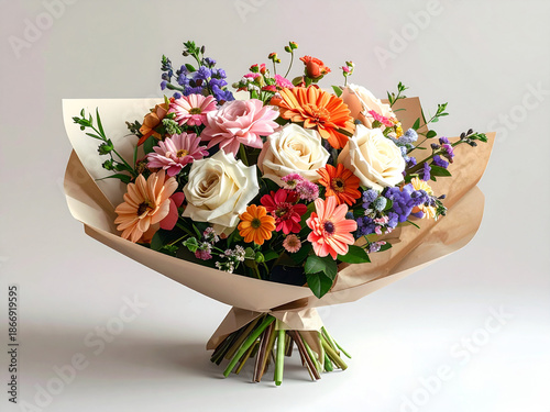 Realistic Photo of Elegant Flower Bouquet Wrapped in Aesthetic Paper