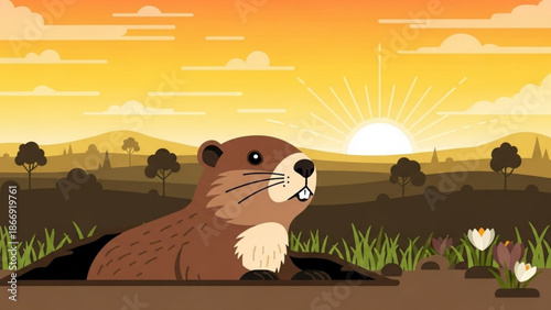 A cartoon otter peeking out of its burrow in a serene landscape at sunset