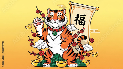 A vibrant illustration of a tiger surrounded by auspicious symbols and Chinese calligraphy