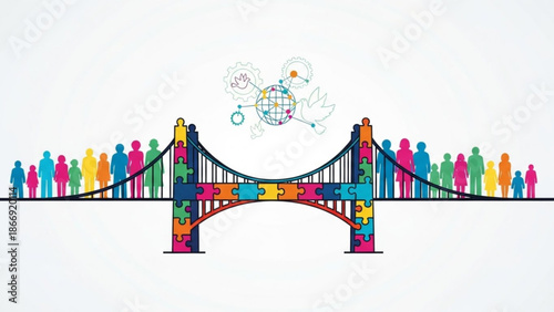 A colorful illustration of a bridge connecting diverse groups of people with a globe and puzzle pieces