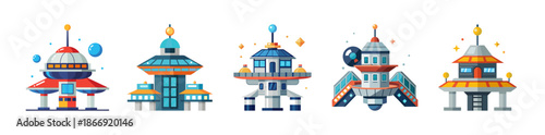 Colorful futuristic space colony buildings illustration set on white