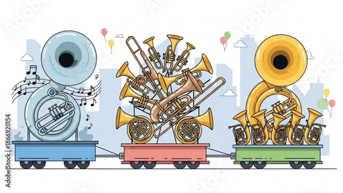 A colorful illustration of a train with cartoon musical instruments on each car, set against a city skyline with balloons