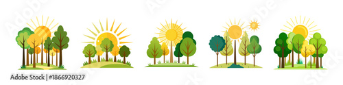 Cartoon style forest landscape with green trees and bright sun