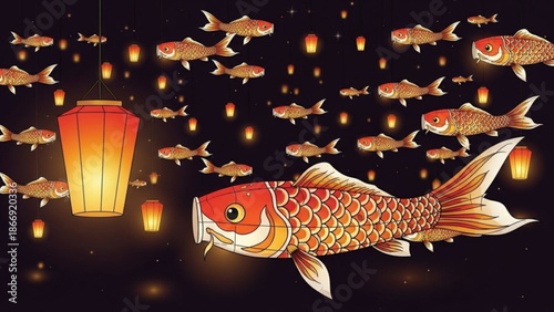 A vibrant illustration of a koi fish swimming among glowing lanterns and smaller fish in a dark background