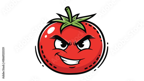 Vibrant red cartoon tomato character with a menacing, evil grin and sharply angled eyebrows, depicted as a vegetable mascot with a mischievous personality.