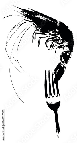 Hand drawn illustration of a shrimp and fork depicting a seafood meal for a restaurant