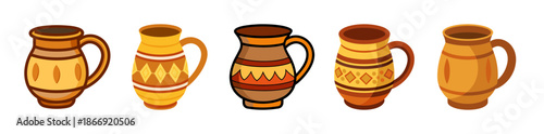 Collection of cartoon traditional patterned ceramic jugs and mugs set