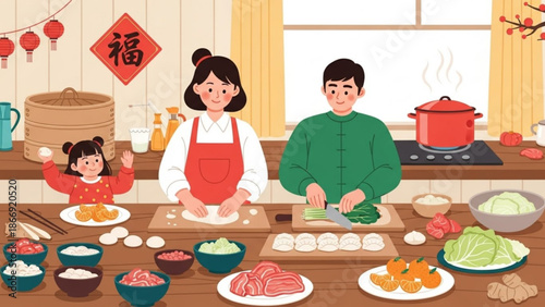 A cartoon family of three preparing a meal together in a kitchen with various dishes and ingredients on the table