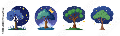 Illustrative night trees on ground with starry sky and crescent moon
