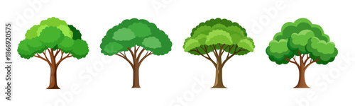 Four vibrant cartoon trees with green foliage on an isolated background.