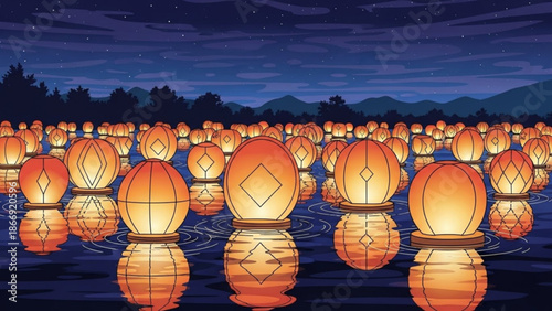 A serene and peaceful vector illustration of glowing lanterns floating on water at dusk
