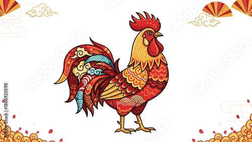 A vibrant and colorful rooster illustration with intricate designs and patterns, symbolizing good luck and prosperity.