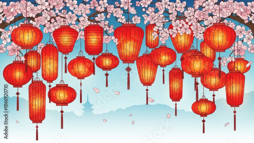 A vibrant illustration of red lanterns hanging from a cherry blossom tree against a blue sky
