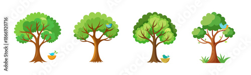 Charming cartoon trees with birds and nests, depicting nature's life