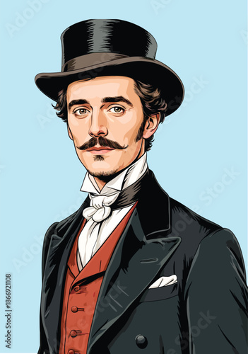 059-23-Elegant man with a top hat and a handlebar mustache is looking forward