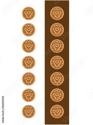 Antique Medallions Arrayed: A collection of meticulously crafted, antique medallions, each bearing an intricate emblem, are artfully arranged against a contrasting backdrop.