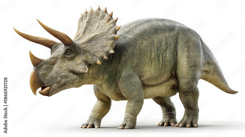 Fototapeta premium Large triceratops dinosaur standing in profile, showcasing its impressive horns and textured skin, perfect for educational and creative projects