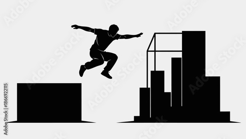 Man Jumping Between Two Platforms Silhouette.