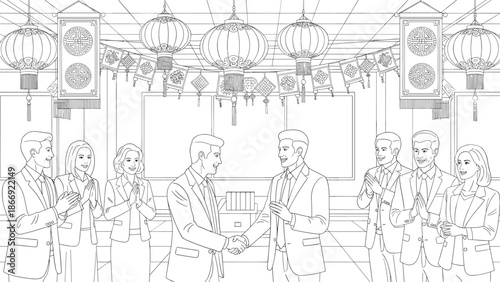 Two businessmen shaking hands in a formal setting, Generative AI.