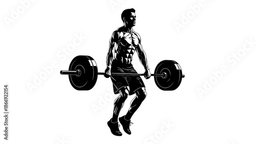 Man Lifting Heavy Barbell with Weights.