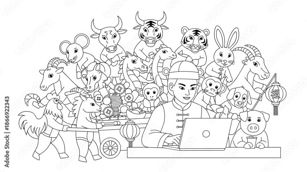 Fototapeta premium Man working on laptop surrounded by Chinese zodiac animals, Generative AI.