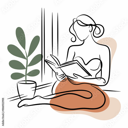Minimalist Line Art Illustration of Woman Reading Book at Home
