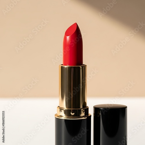 Luxury red lipstick open with golden and black casing in studio lighting setting