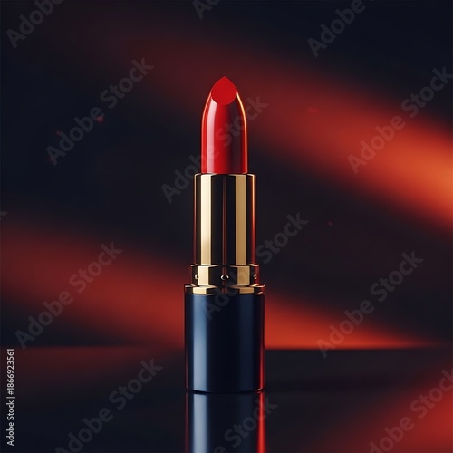 Luxurious red lipstick with gold and dark blue casing on a reflective surface with red light effects