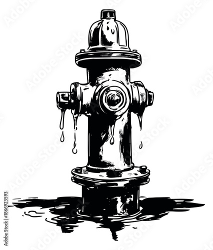 Hand drawn line art illustration of a fire hydrant depicting dripping water for urban service concepts