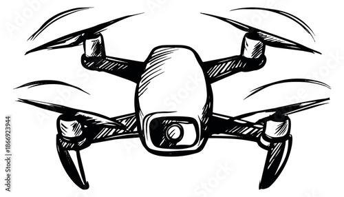 Hand drawn illustration of a drone depicting flight in motion for modern technology concepts
