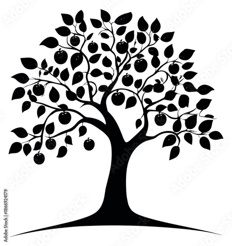 Hand drawn silhouette illustration of an apple tree depicting abundant fruit for nature and organic food concepts