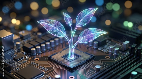 A futuristic computer chip with a glowing tree growing out of it in a dark room