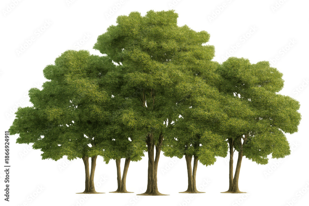 Fototapeta premium Group of green deciduous trees with lush foliage on transparent background, perfect for architectural landscaping and nature projects