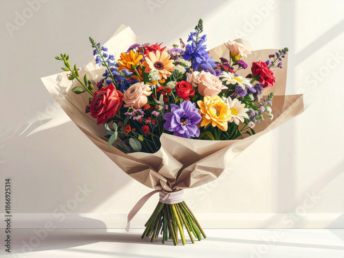 Realistic Photo of Elegant Flower Bouquet Wrapped in Aesthetic Paper
