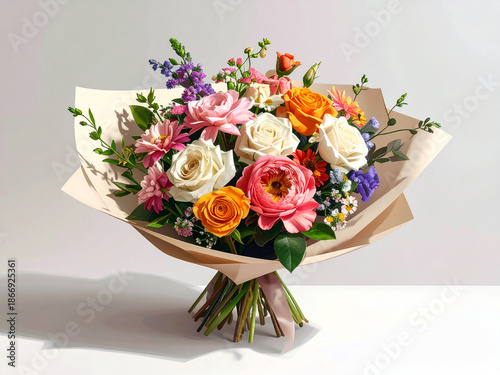 Realistic Photo of Elegant Flower Bouquet Wrapped in Aesthetic Paper