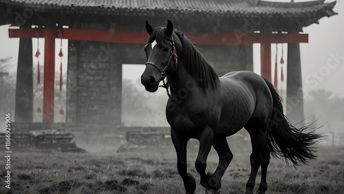Majestic Black Horse with Red Ceremonial Harness Standing in a Misty Field with a Traditional Oriental Pagoda in the Background under a Moody Gray Sky with Dramatic Cinematic Atmosphere.