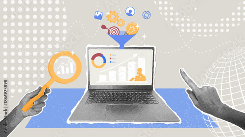 Data-driven business strategy and marketing funnel. Fashionable halftone collage. Concepts of analysis, information exploration, and validation.