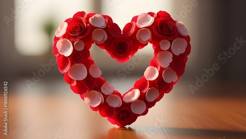 A decorative red heart adorned with small white and red floral elements on a wooden surface.