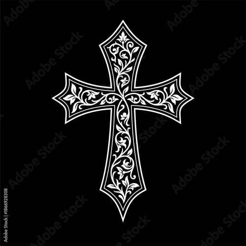 Decorative Filigree Christian Cross with Floral Vine Pattern
